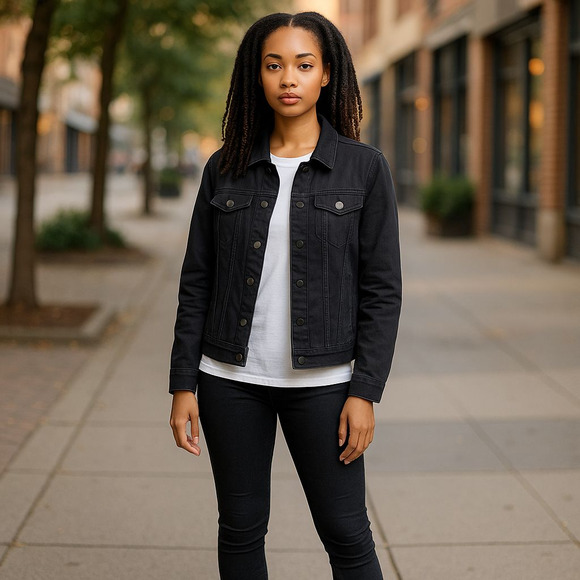 Old Navy Black Denim Jacket Trucker Jean Jacket Button Front Comfort Fit Size Lg - Picture 1 of 10